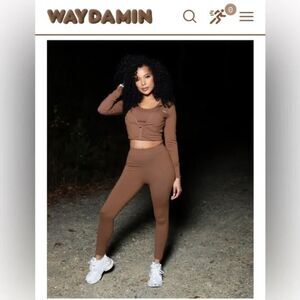 WAYDAMIN Sport 3 in 1 Set zip Up crop hoodie and leggings chocolate brown small